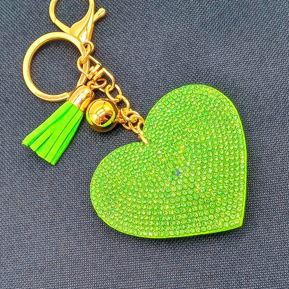 Jewelry - NEW Crystal Rhinestone Lime Heart Purse Charm Key Ring Chain Ring Zipper Gold